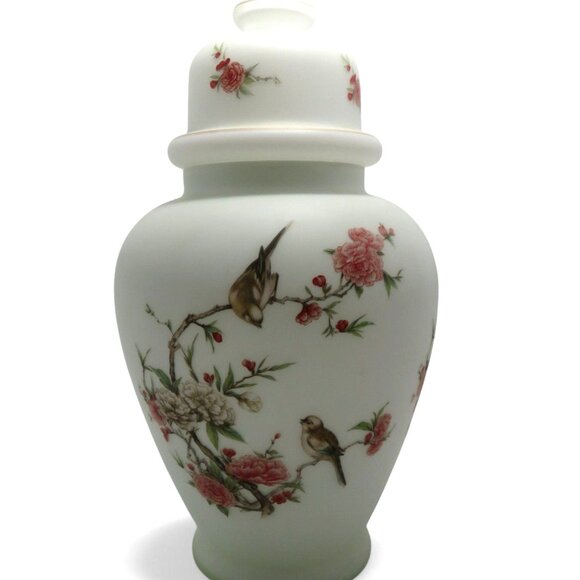 Large GINGER JAR With Lid Frosted Satin Glass Bird And Floral 18" Tall Vintage - Picture 5 of 9